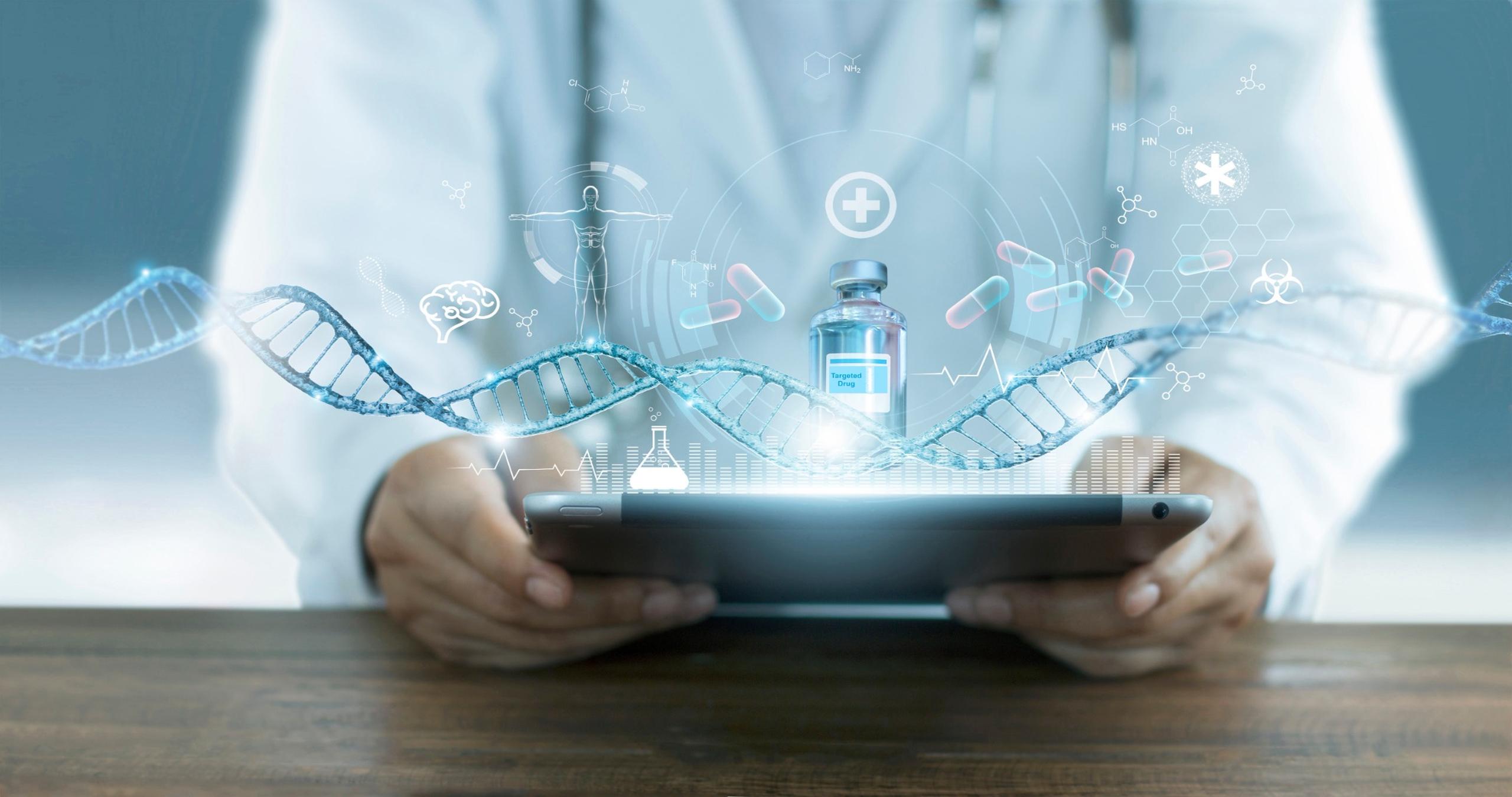 Precision medicine in uae : Medical professional with precision medicine digital DNA analysis for personalized oncology treatment