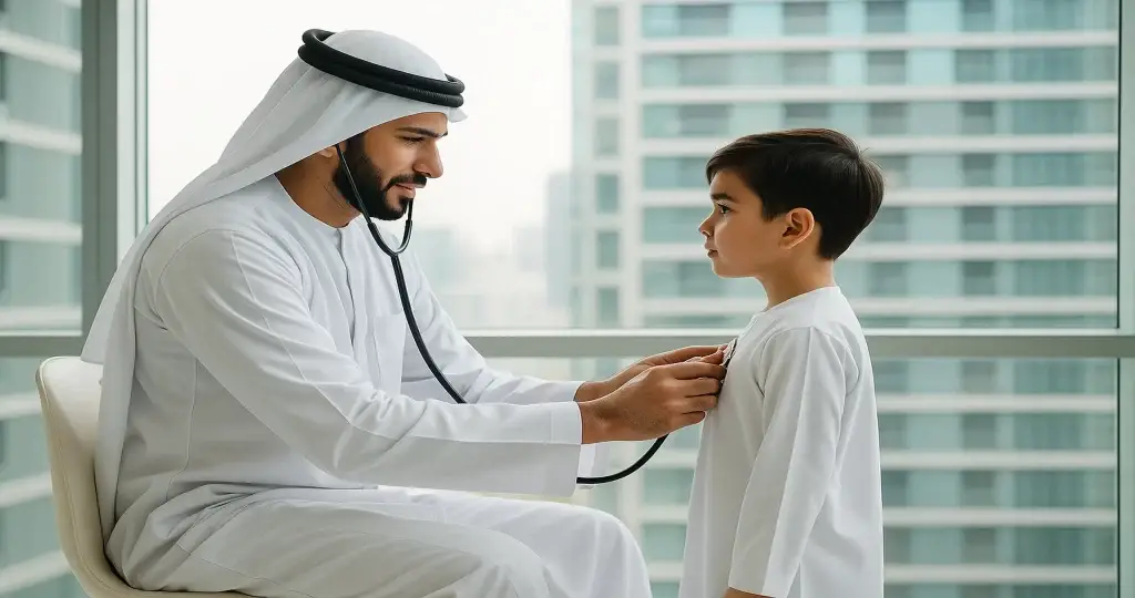 Emirati doctor examining child patient - pediatric healthcare in UAE