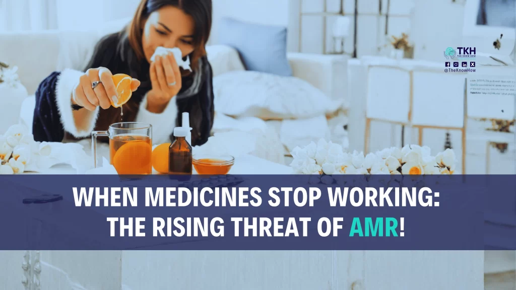 A sick woman sitting at home preparing a hot drink with lemon, surrounded by tissues and medicine, illustrating the growing threat of antimicrobial resistance (AMR) when treatments stop working.